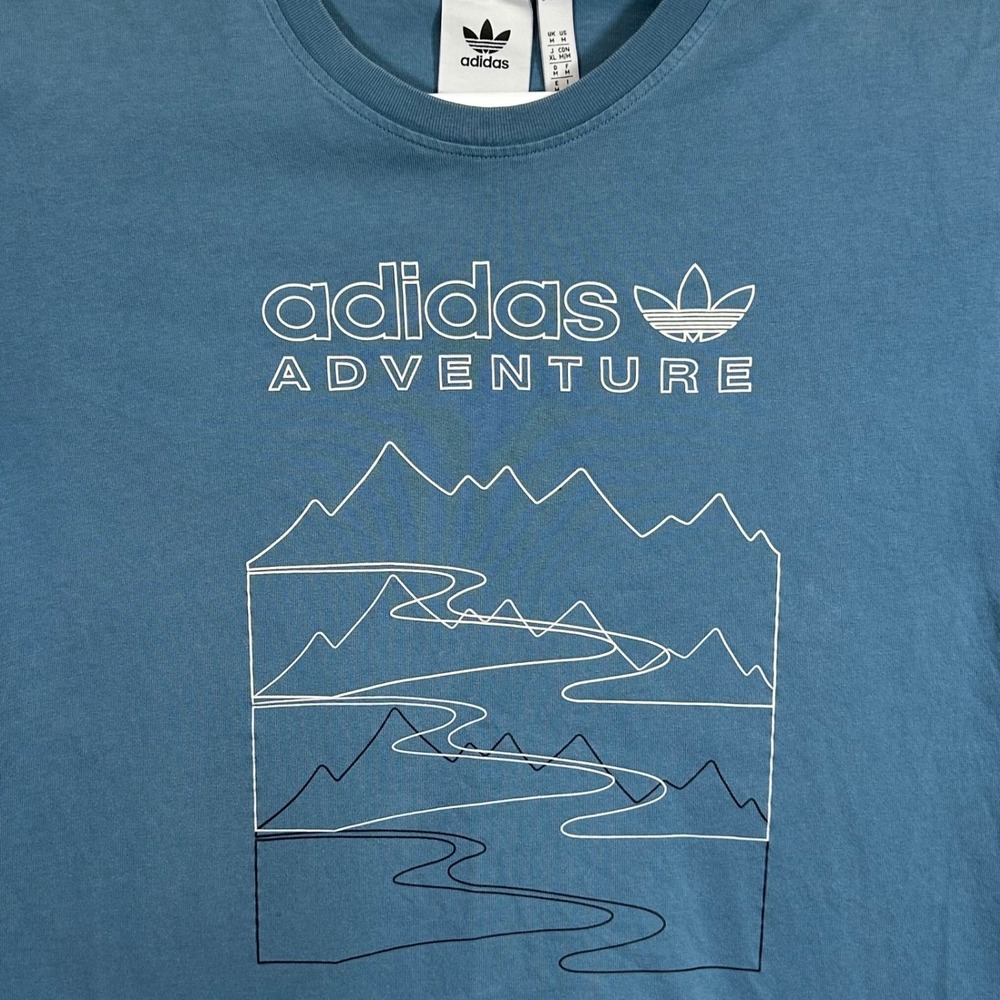 Adidas Adventure Mens Mountain Graphic T-Shirt Blueโ Teal Trefoil Cotton Size M